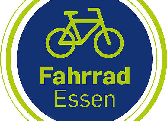 Das Logo der Messe Fahrrad Essen.  Ein gelbes Fahrrad auf blauem Grund mit gelbem Rand, was insgesamt wie ein Rad eines Fahrrades aussieht. 