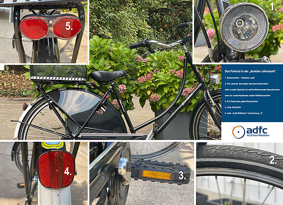 Ein Fahrrad mit allen vorgeschriebenen Lampen vorne und hinten sowie zusätzlichen Reflektoren in den Lampen, an den Pedalen sowie als rundumlaufender Refkeltorstreifen an beiden Rädern oder alternativ in den Speichen. 
