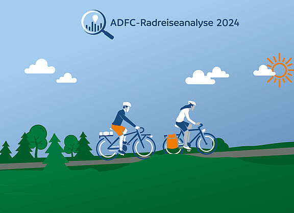Grafik, die Radfahrerinnen und Radfahrer beim Radfahren in schöner Landschaft mit blauem Himmel zeigt. 