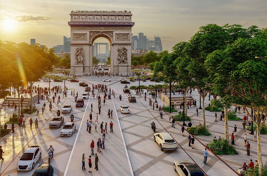 Weniger Fahrbahnen, mehr Lebensqualität und Grün: So könnte die Champs-Élysées 2030 aussehen.